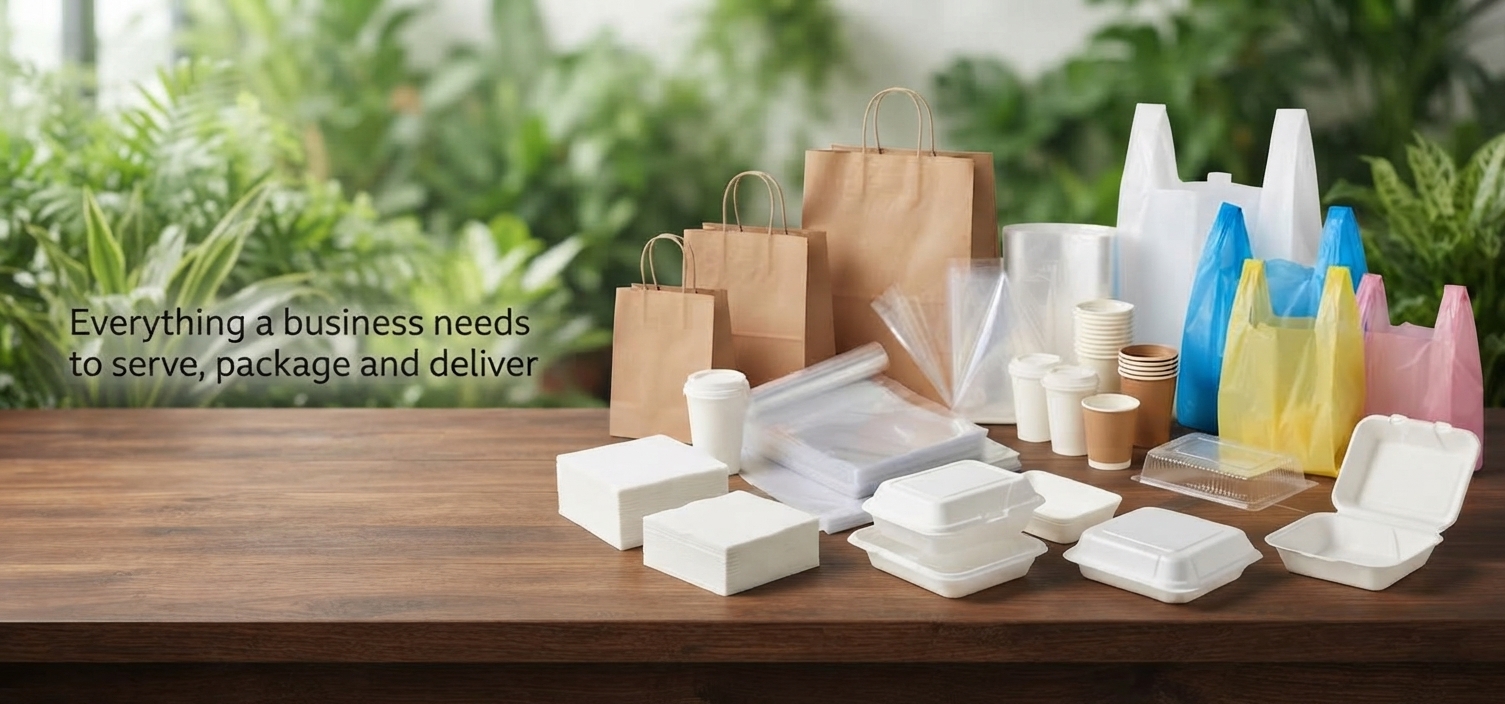 Bolsas, contenedores y desechables sobre una mesa de madera